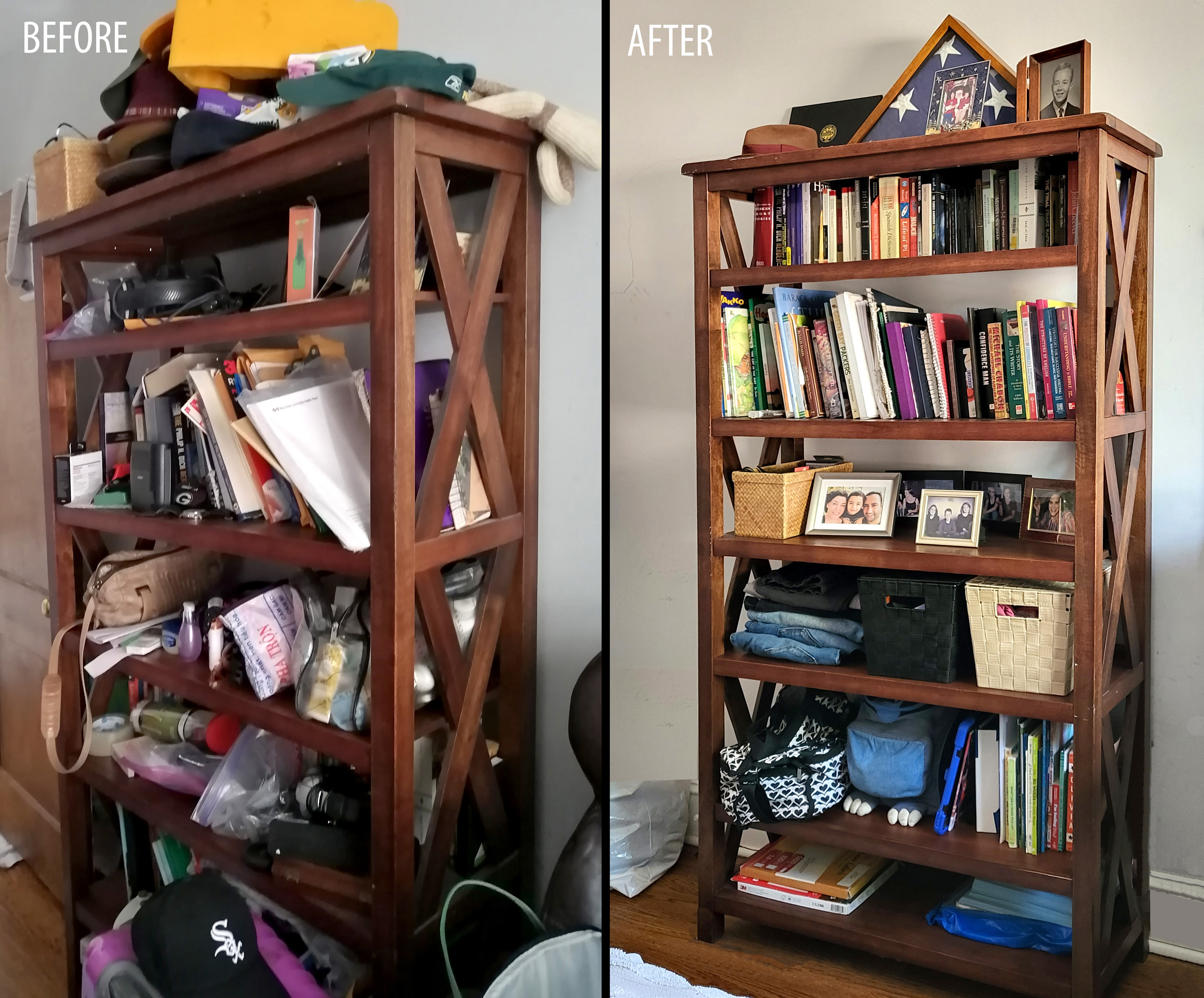 Before and after of shelves done by a professional organizer in Oak Park, IL.