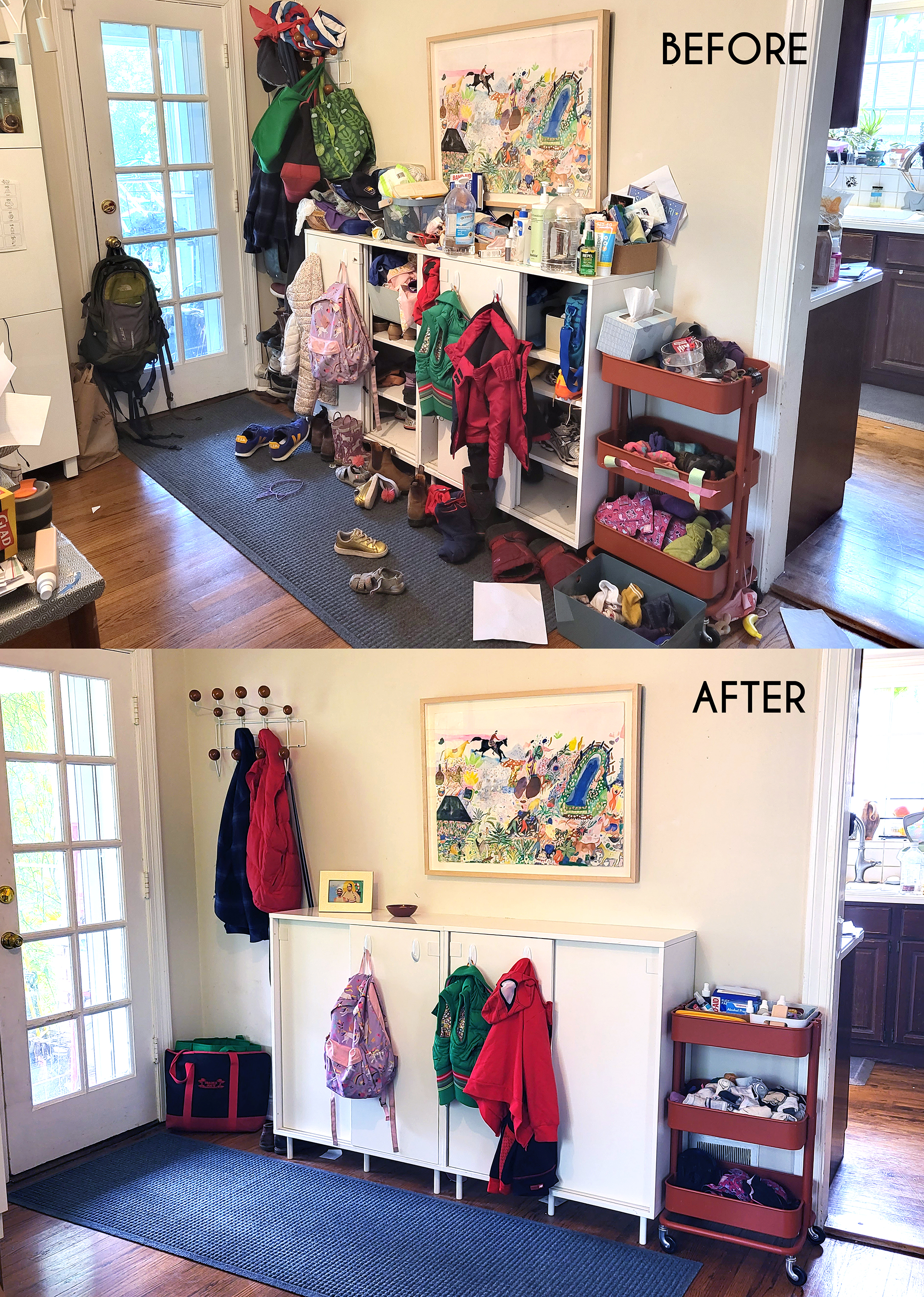 Before and after of an entryway done by a professional organizer in Oak Park, Illinois